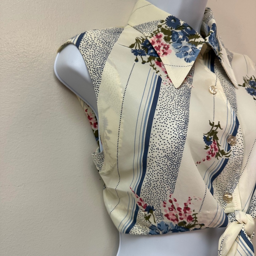 Vintage 70s Murrs of California Dagger Collar Crop Top Floral Tie Front L - Picture 3 of 9